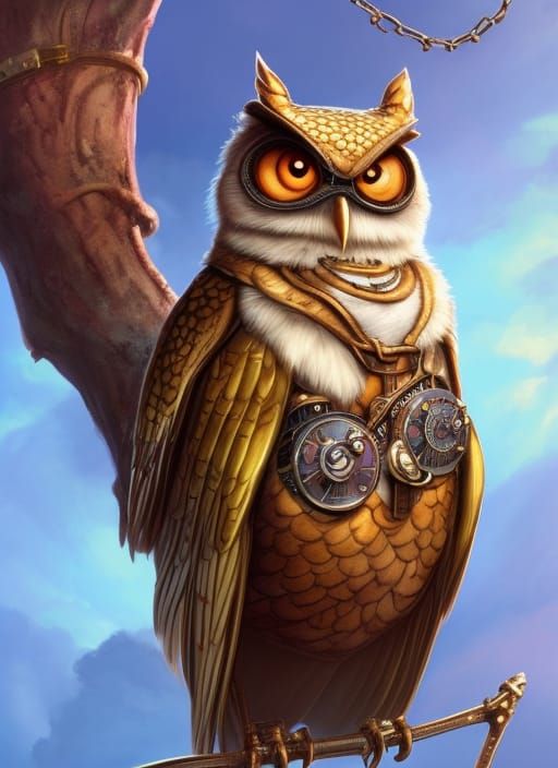 "the portrait of an adorable chibified steampunk owl. gorgeous wet doe-eyes, awwchang, Cedric Peyravernay, Karla Ortiz, ...