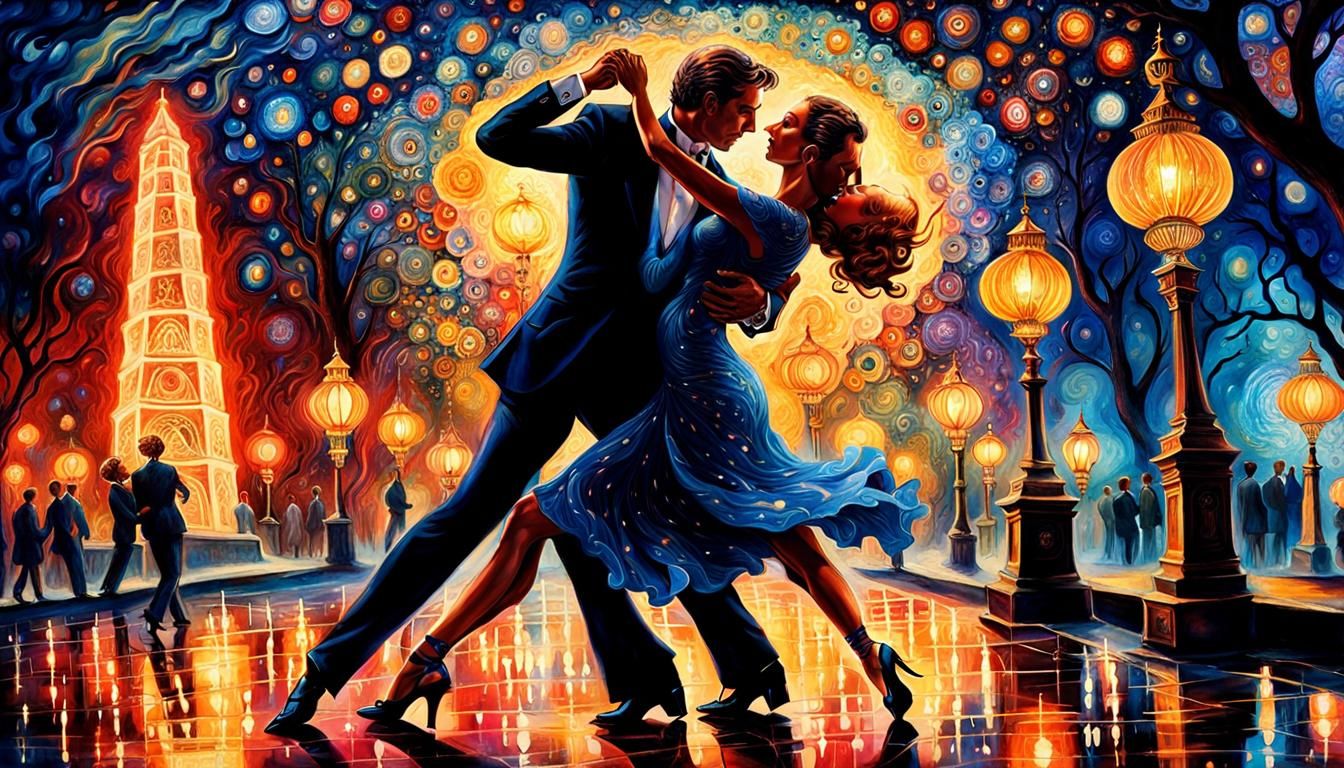 Argentine Tango Dancers in Psychedelic Night Scene