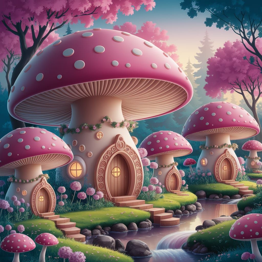 Enchanted Fairy Village in Polka-Dot Mushroom Forest