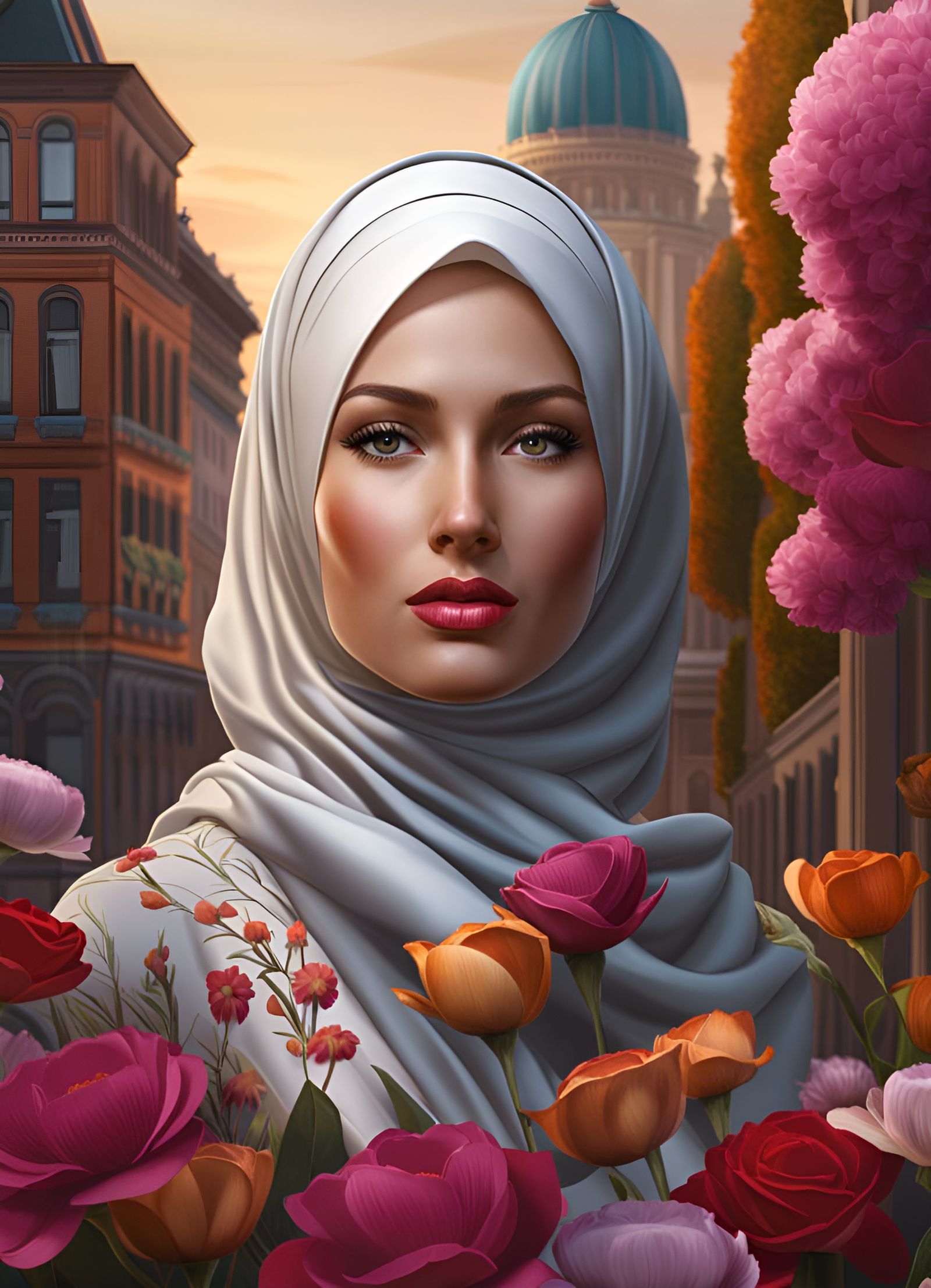 Beautiful Hijabi Woman Portrait with Flowers in Cityscape