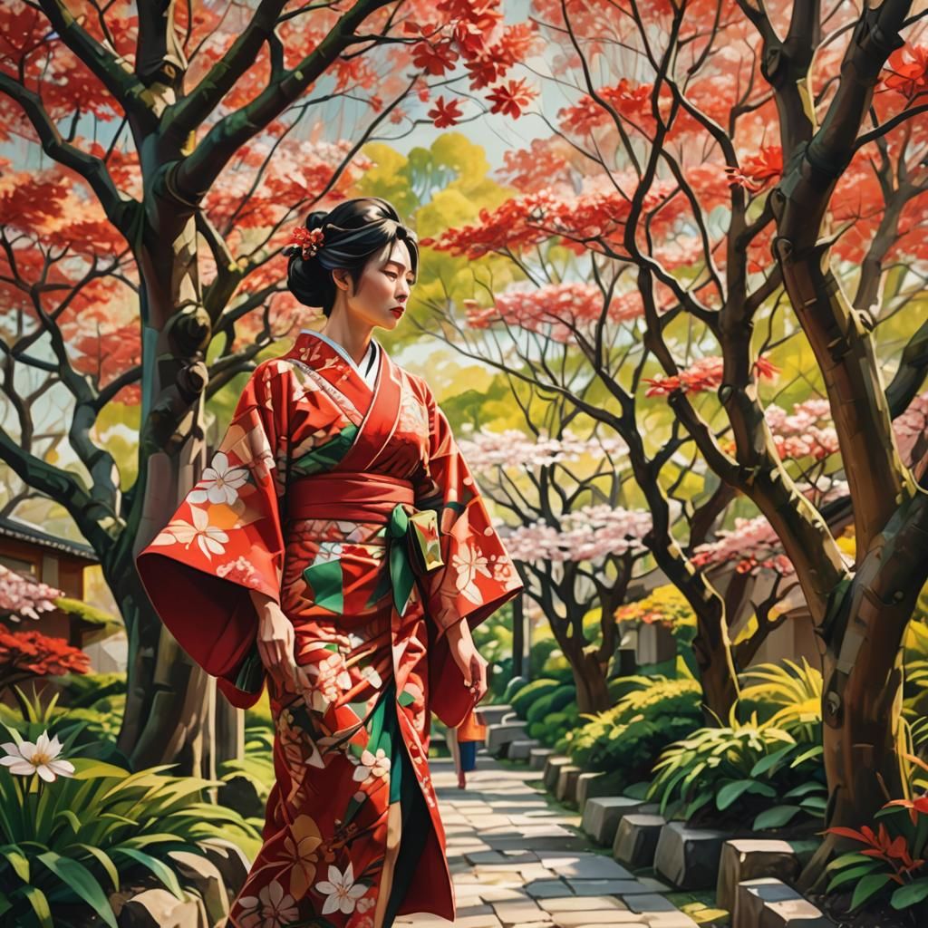 Japanese Woman in Kimono, Cubism Style