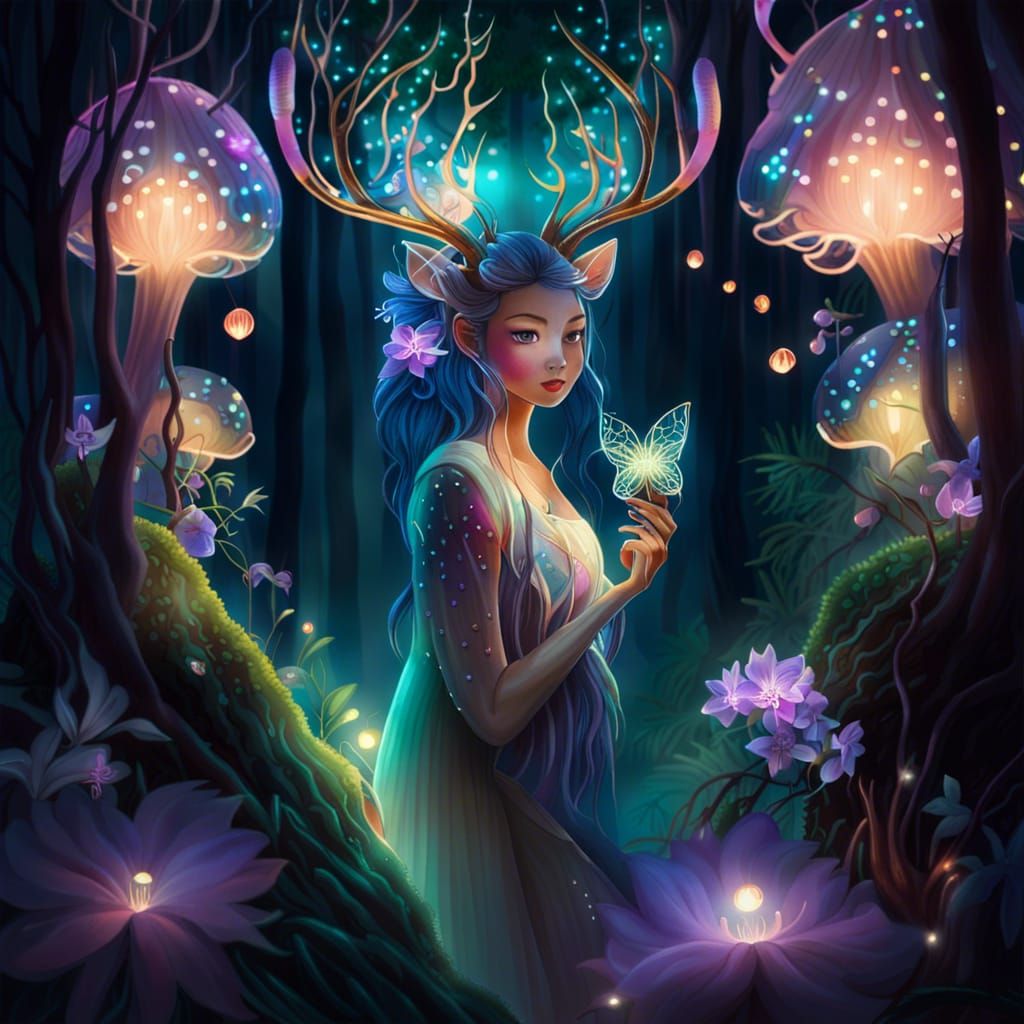 Japanese Fairy in Enchanted Forest with Stag