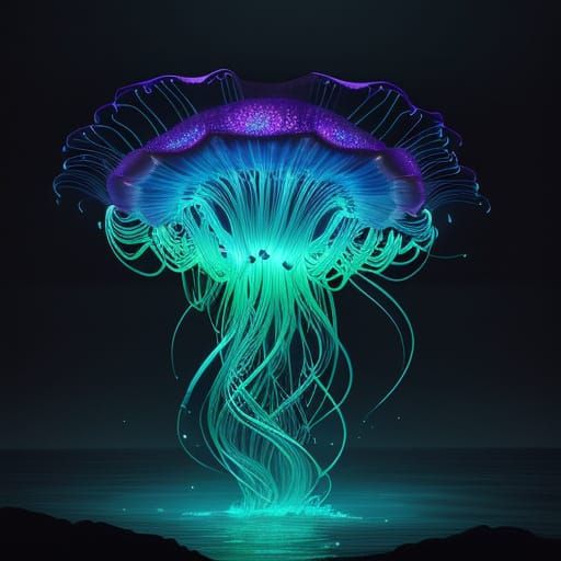 Ethereal Bioluminescent Jellyfish in Dark Alien Waters