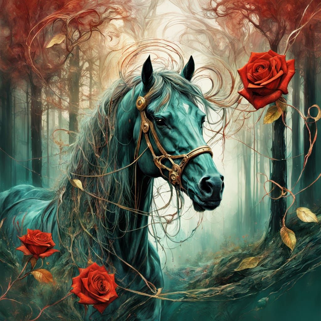 Bay Dun Horse in Mythical Forest: Surreal Digital Art