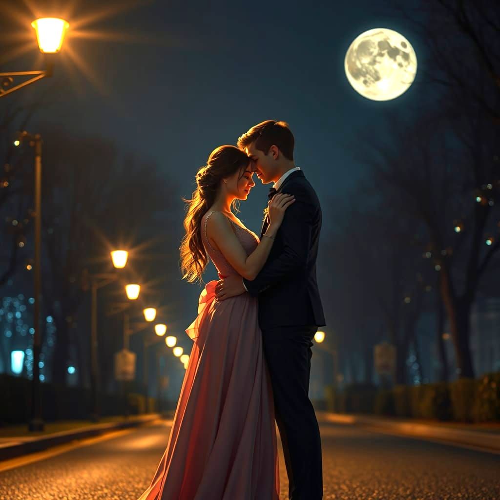 Romantic Roadside Scene with Midnight Lighting