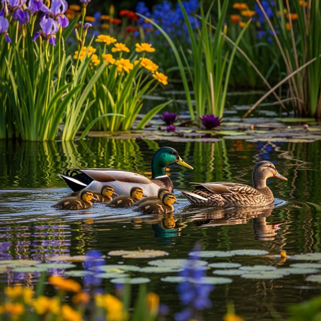 Mallard Duck Family in Reflective Pond with Colorful Flowers