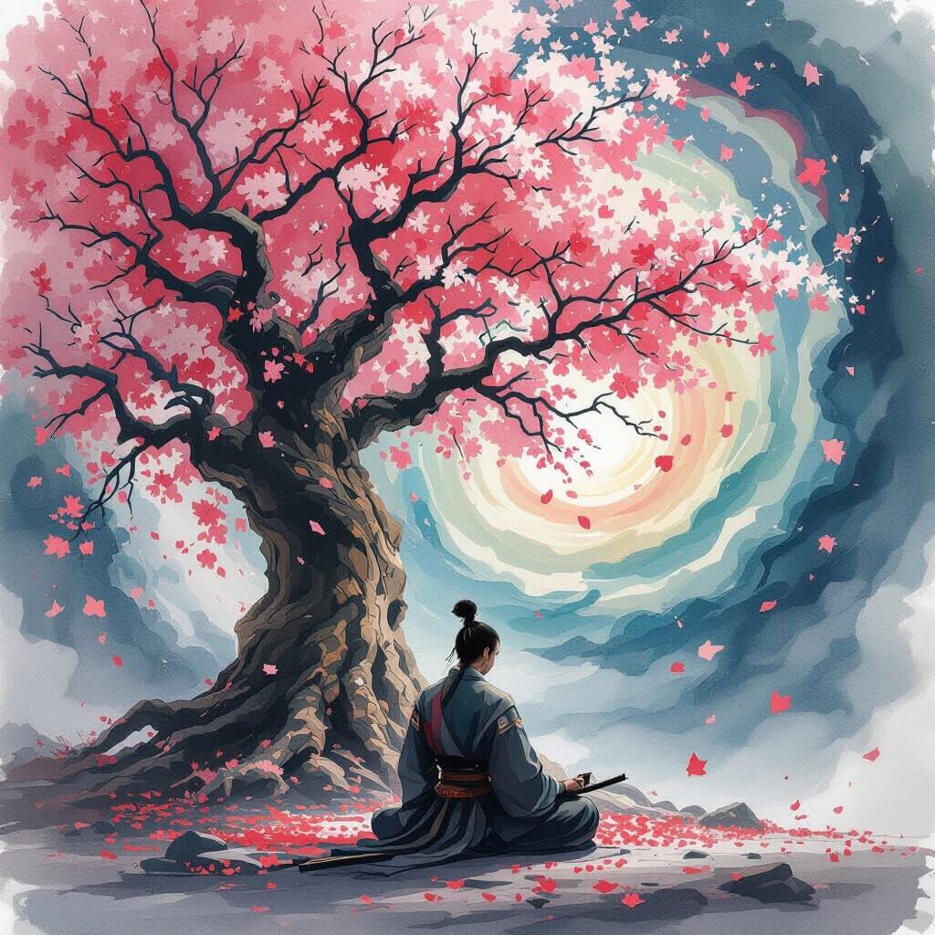 Samurai Meditating Under Cherry Blossoms in Dreamscape
