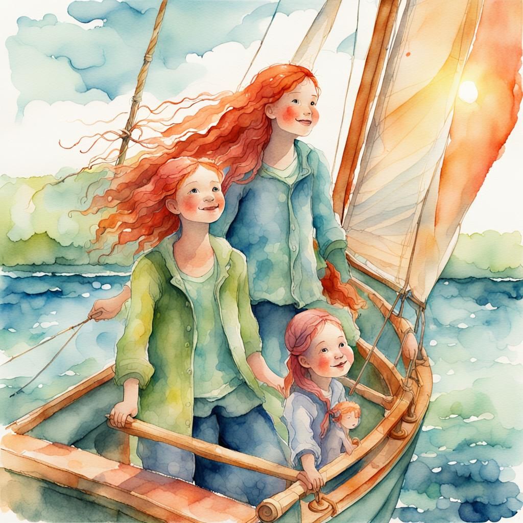 Whimsical Watercolor of Family Sailing on Summer Day