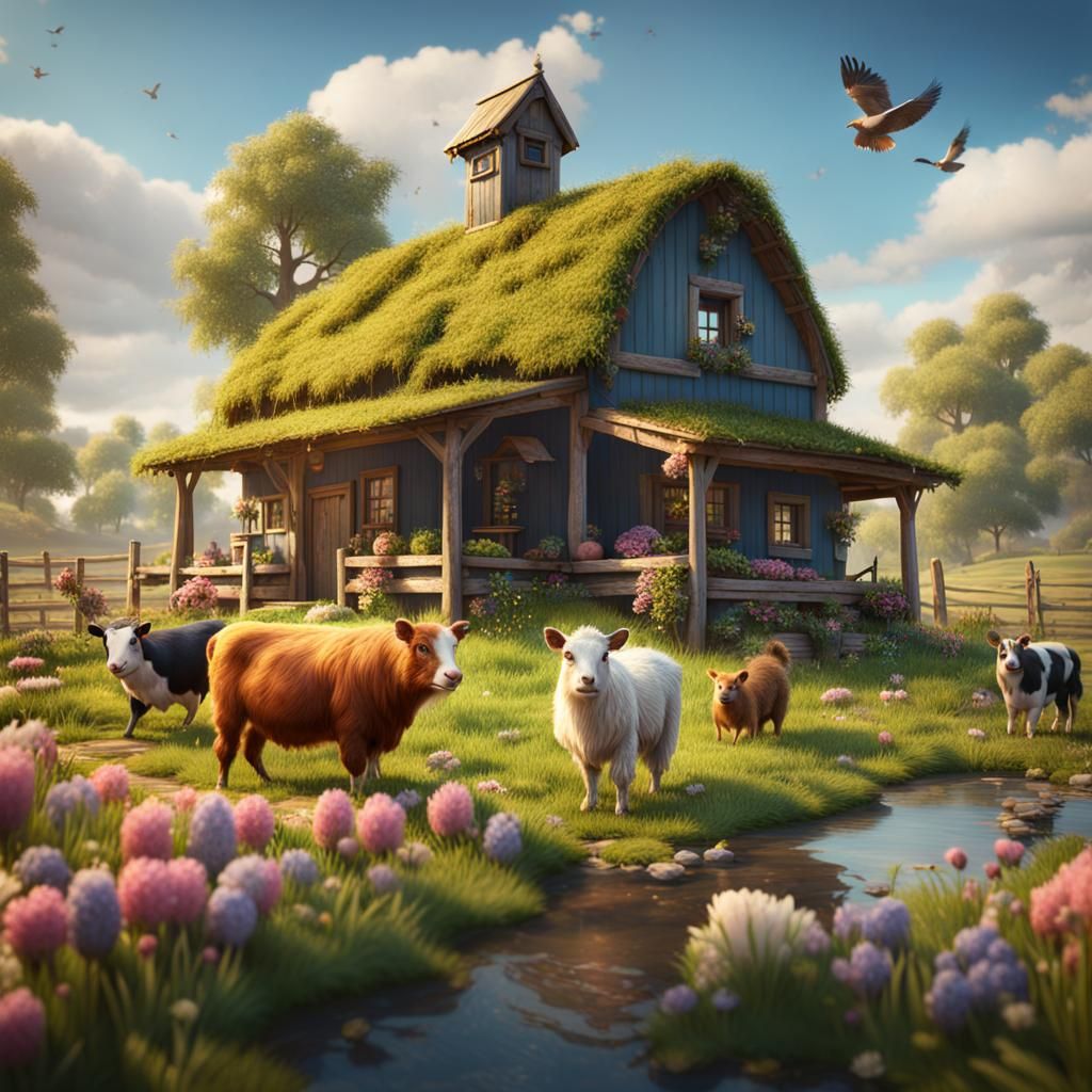 Farmhouse Spring Landscape with Farm Animals