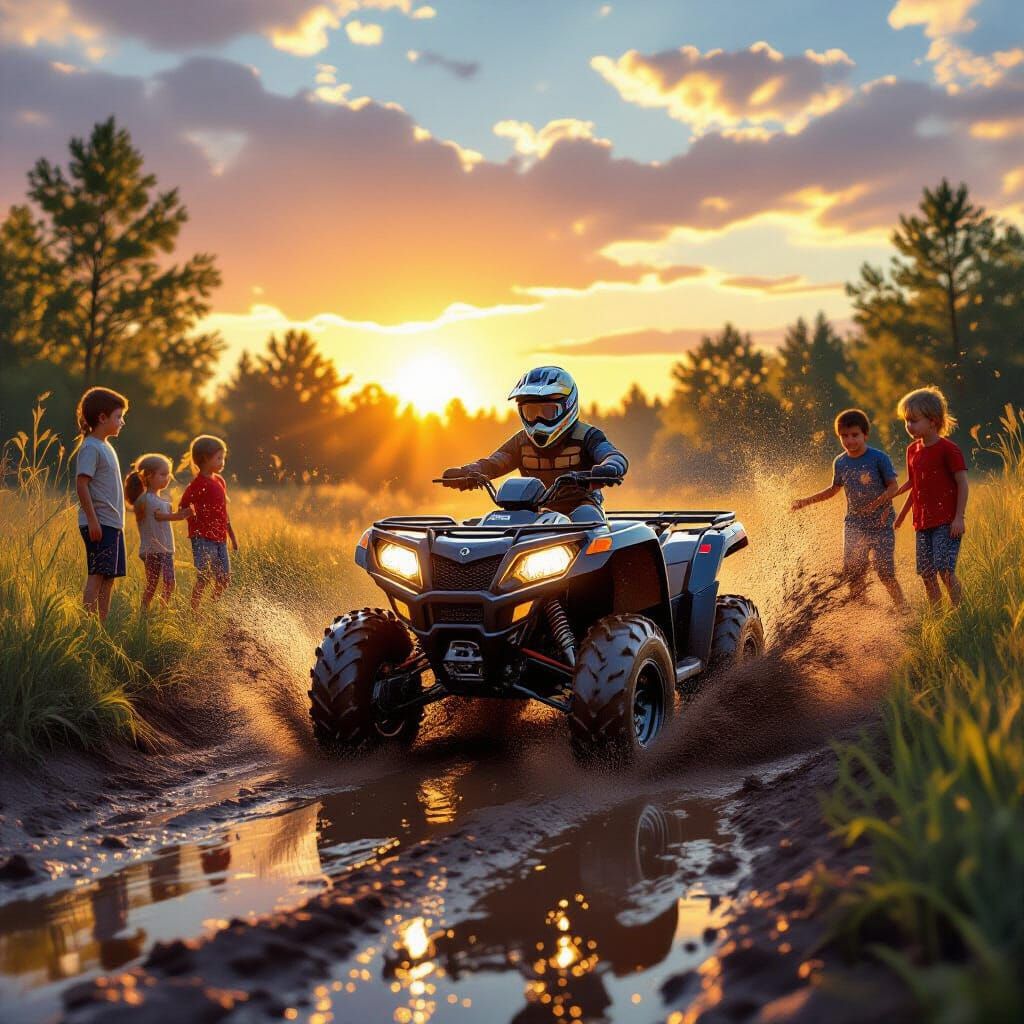 ATV Speeds Through Muddy Track with Children Watching