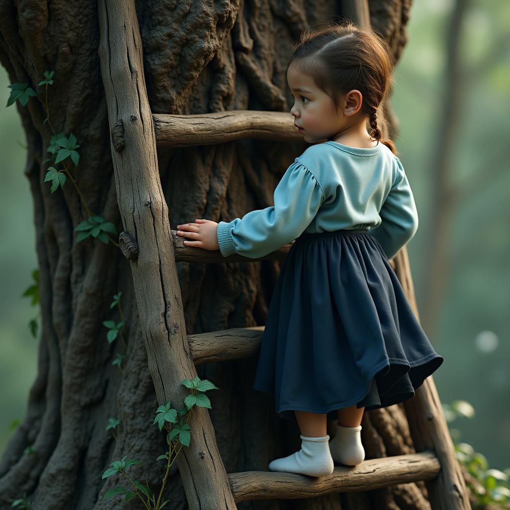 Girl Climbing Ladder on Ancient Tree: Fantasy Concept Art