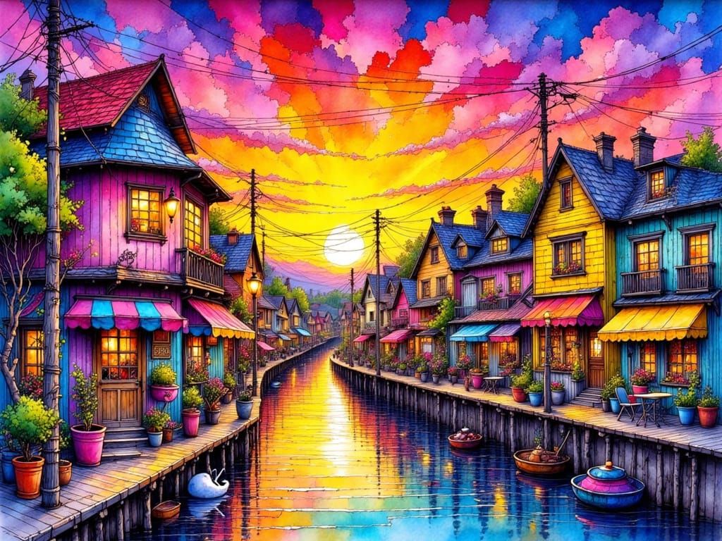 Joyful Sunrise over Town in Colored Ink Style