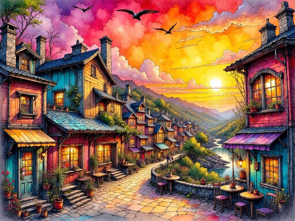 Vibrant Sunrise Town Scene in Whimsical Style
