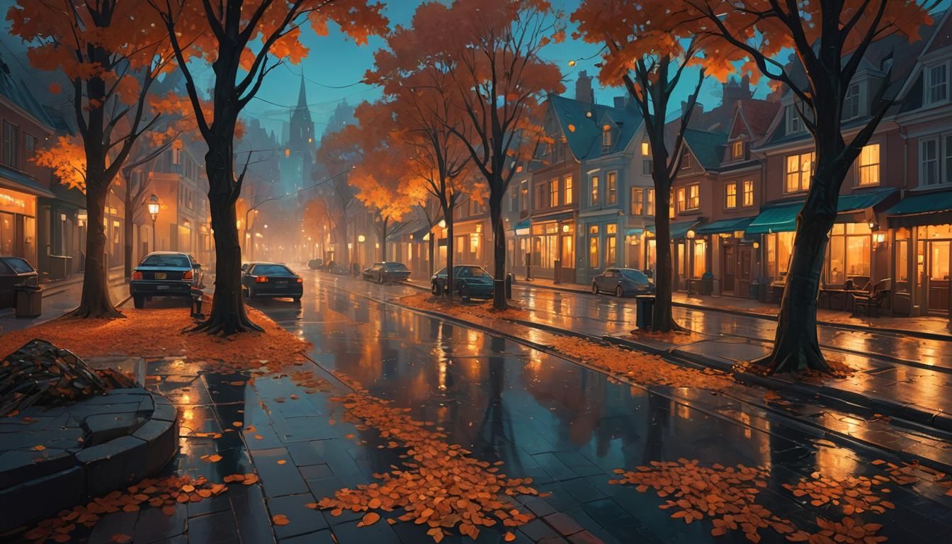 Cozy Autumn Townscape at Dusk in Art Nouveau Style