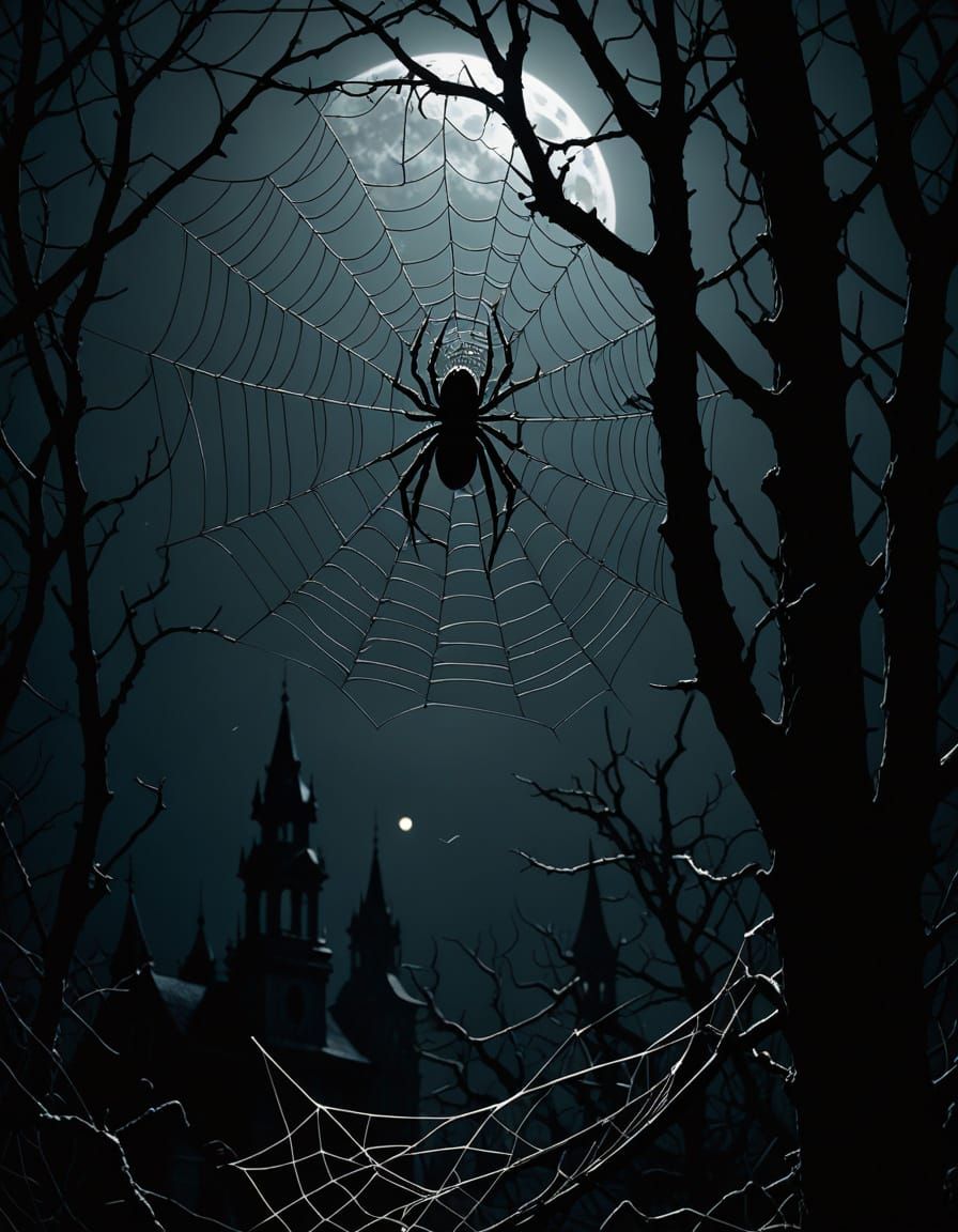 Dark Fantasy Spider Web Silhouette Against Moonlight
