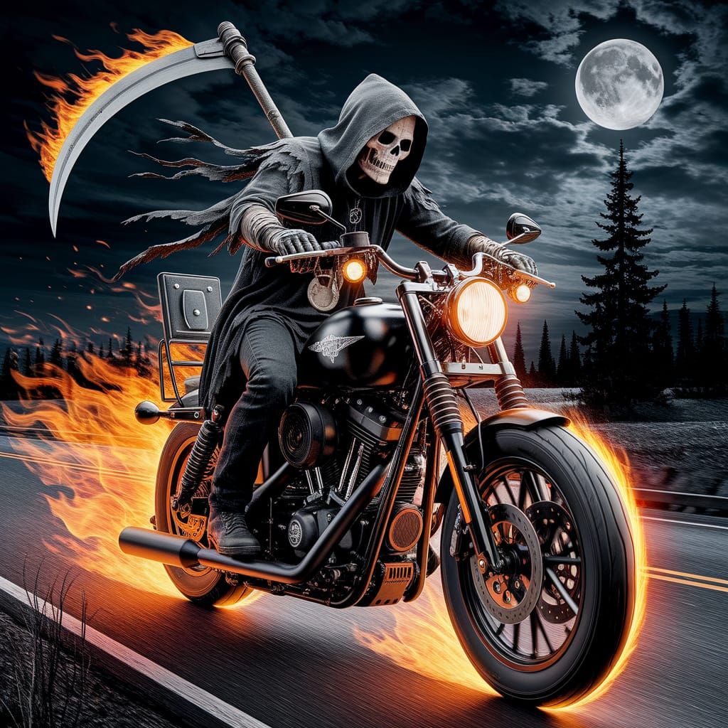 A dark figure clad in a tattered black hooded cloak, resembling the grim reaper, sits astride a sleek, black motorcycle,...