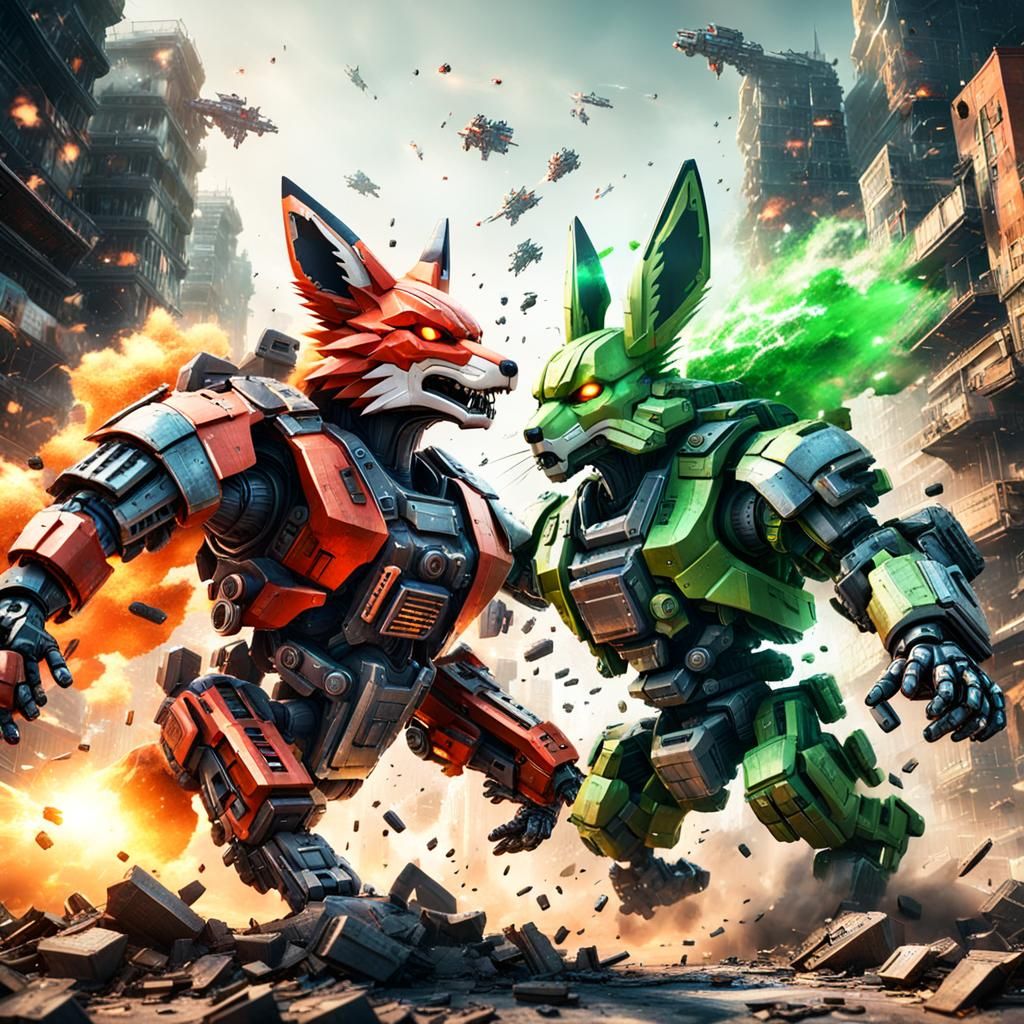 Epic Mecha Battle: Fox vs Rabbit in Sci-Fi City