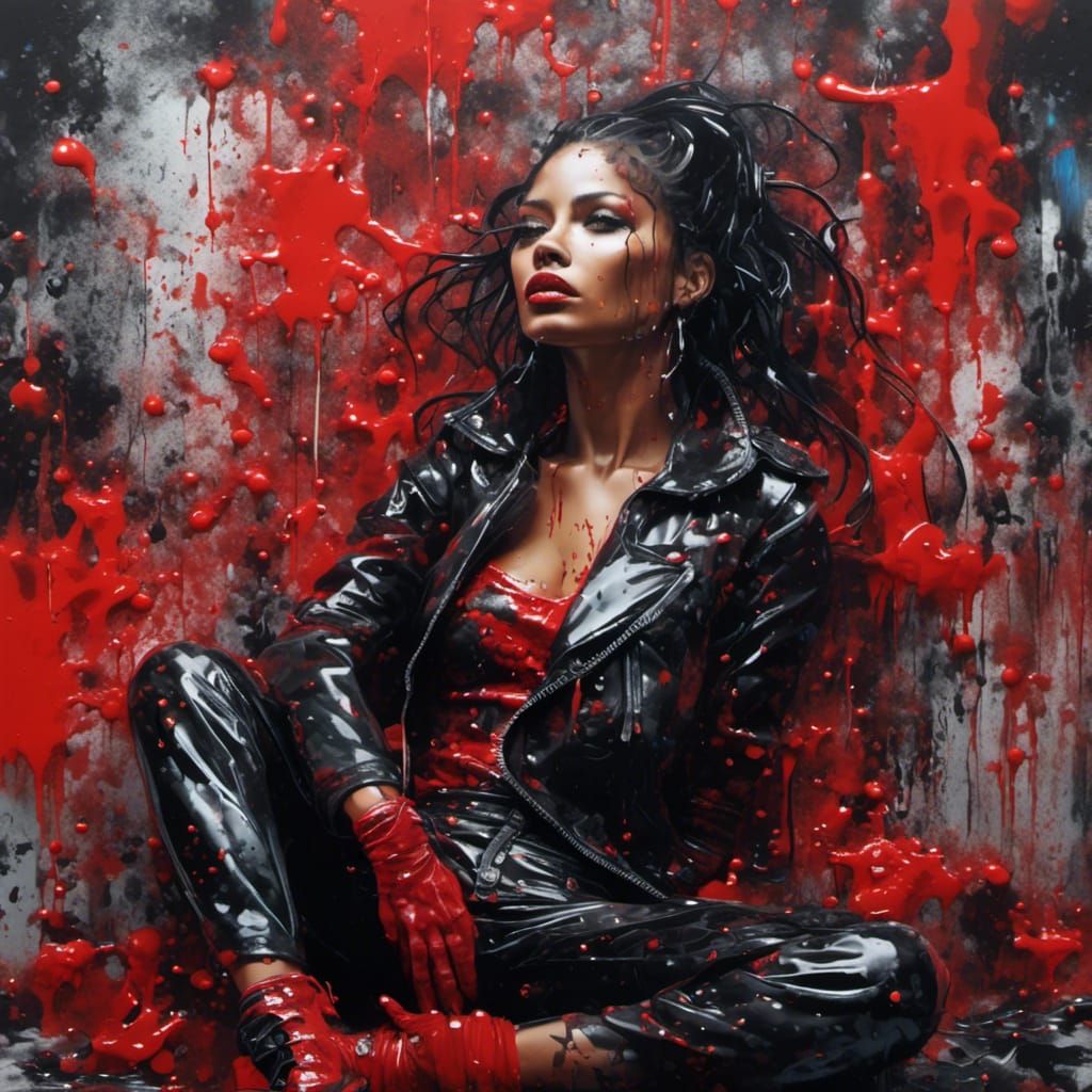 Vibrant Woman in Wet Latex Clothing: Graffiti Art