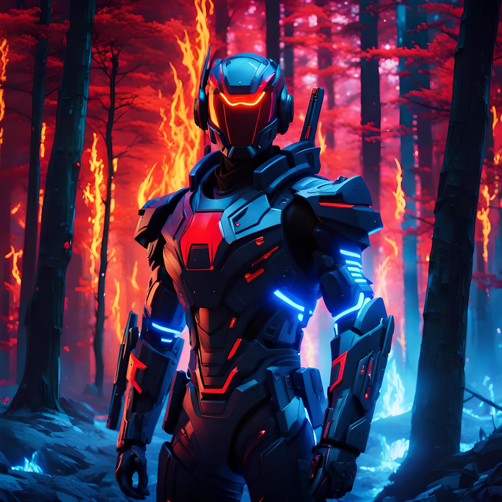 Anime Character in Forest with Fire and Ice Sabers