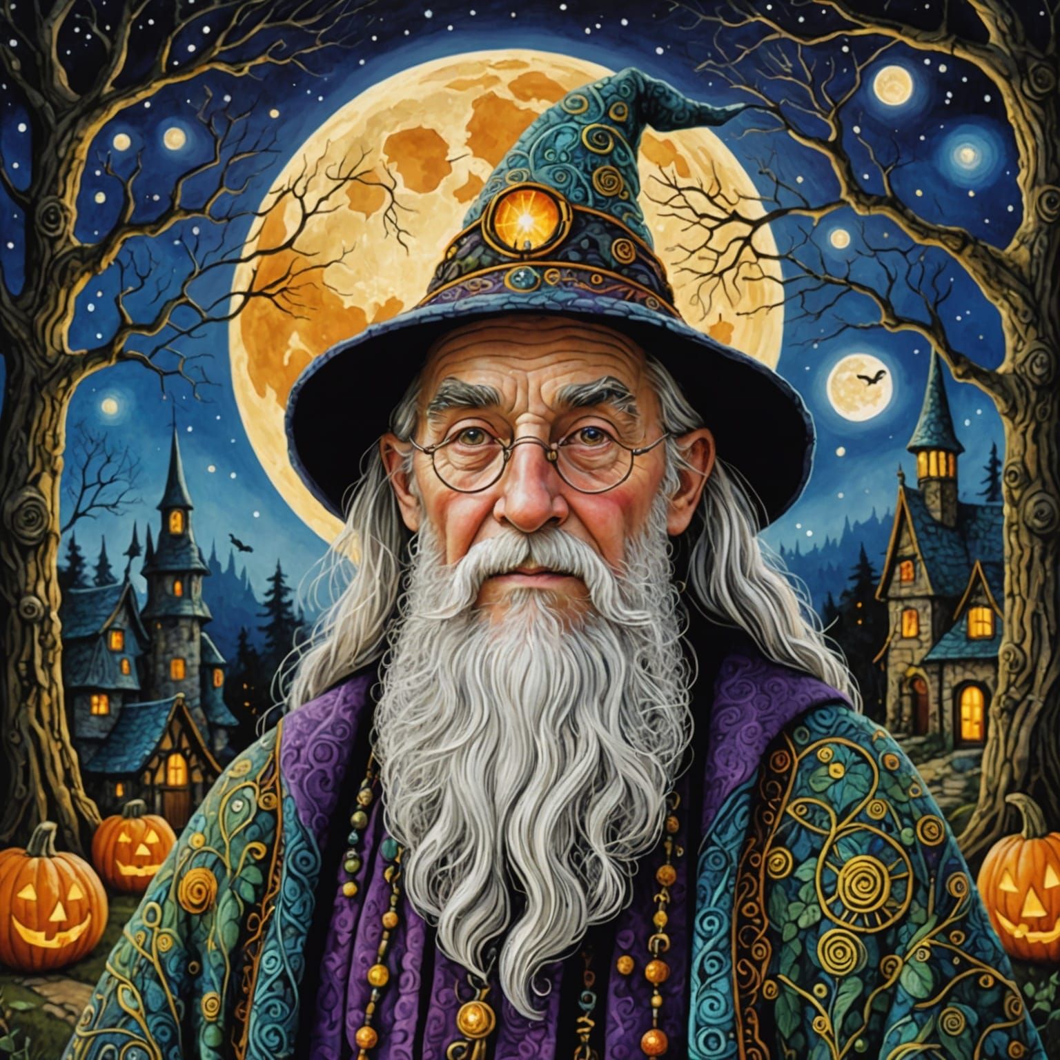 Wise Wizard in Enchanted Forest: Naive Art Style