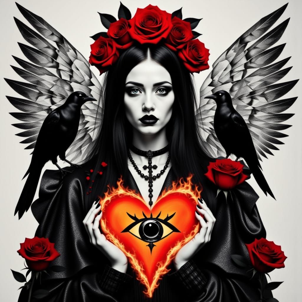 Goth Woman with Flaming Heart in Dada Collage