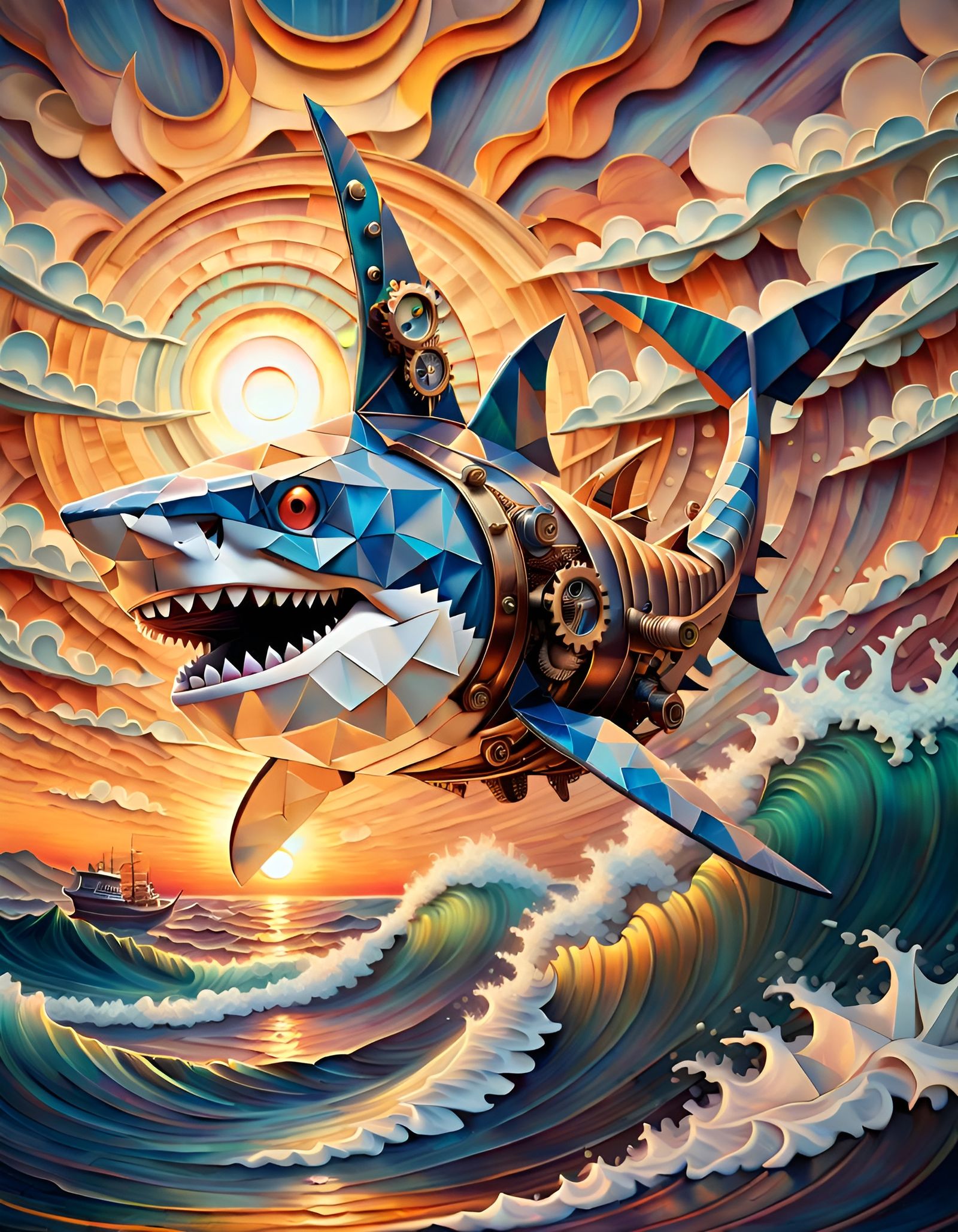 Steampunk Shark Jumps in Neo-Impressionist Style