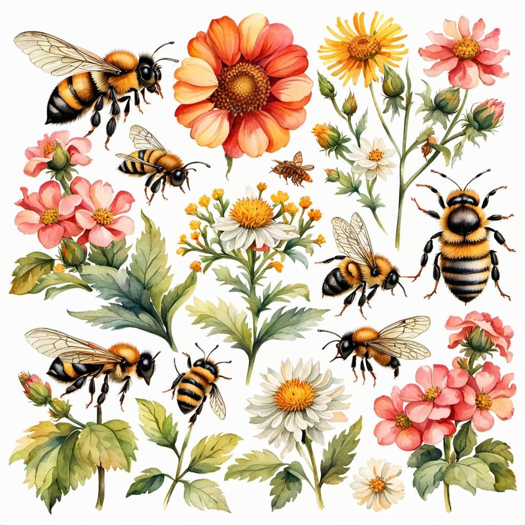 Bee and Wildflower Ephemera Watercolor Stickers