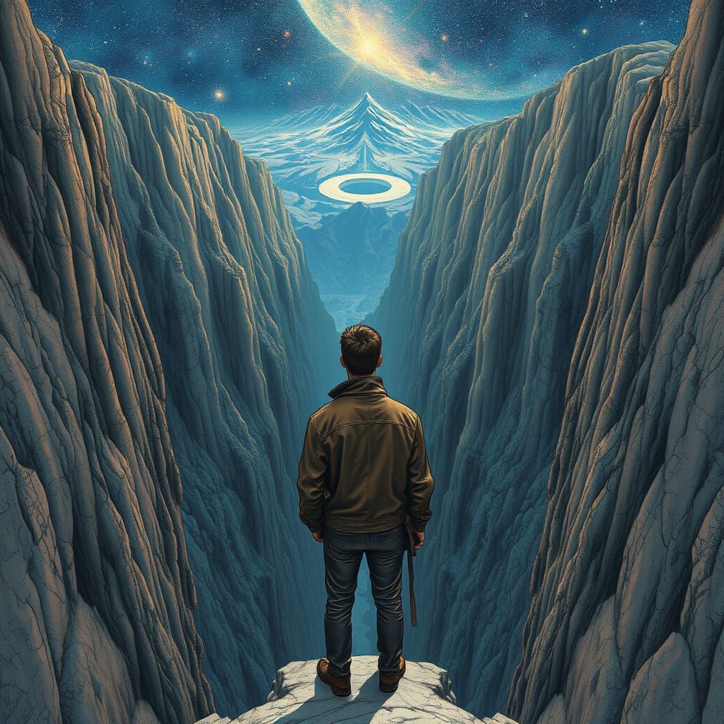 Traveler in Infinite Gorge: Surreal Stellar Landscape