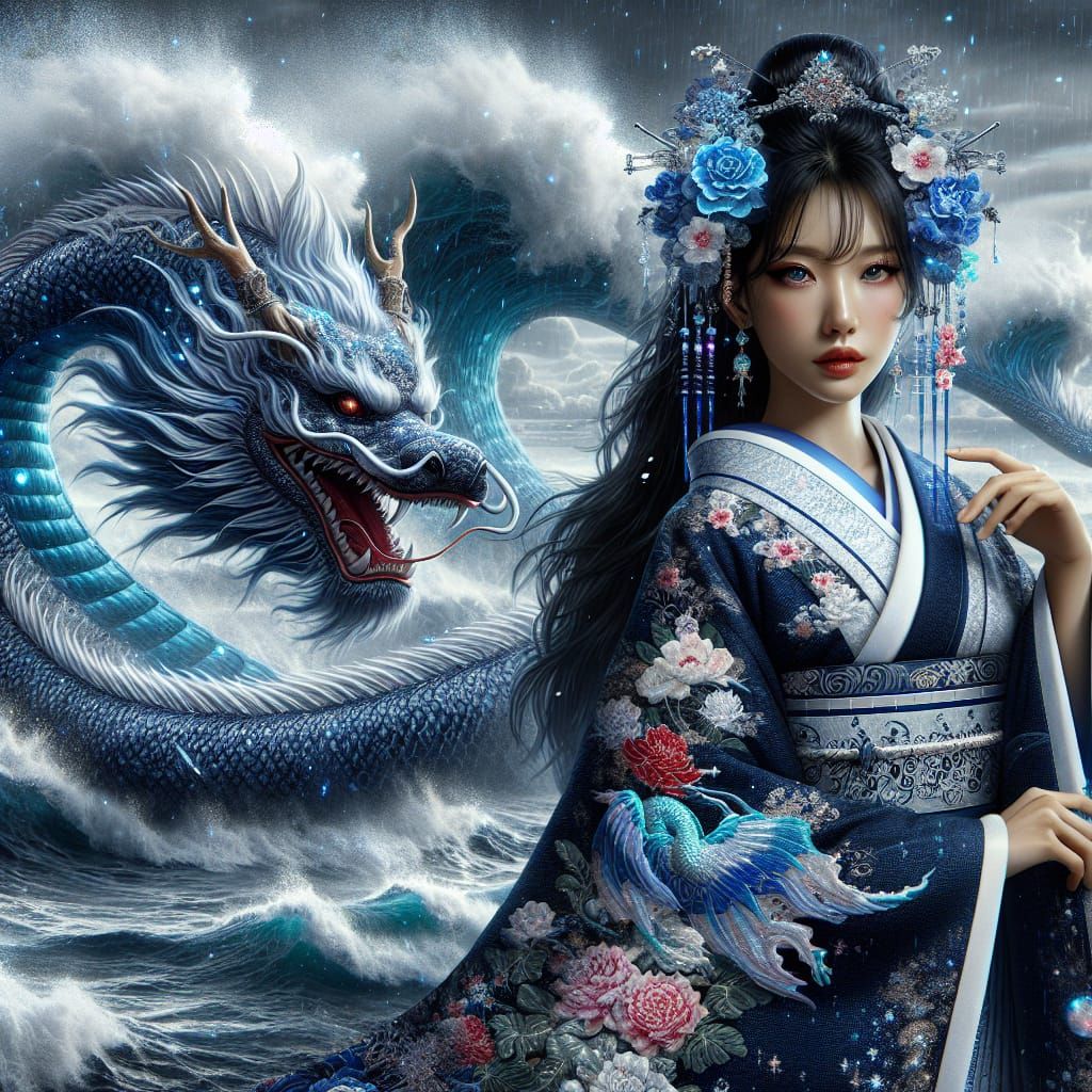 Japanese Goddess Toyotama-hime Poses with Majestic Sea Drago...