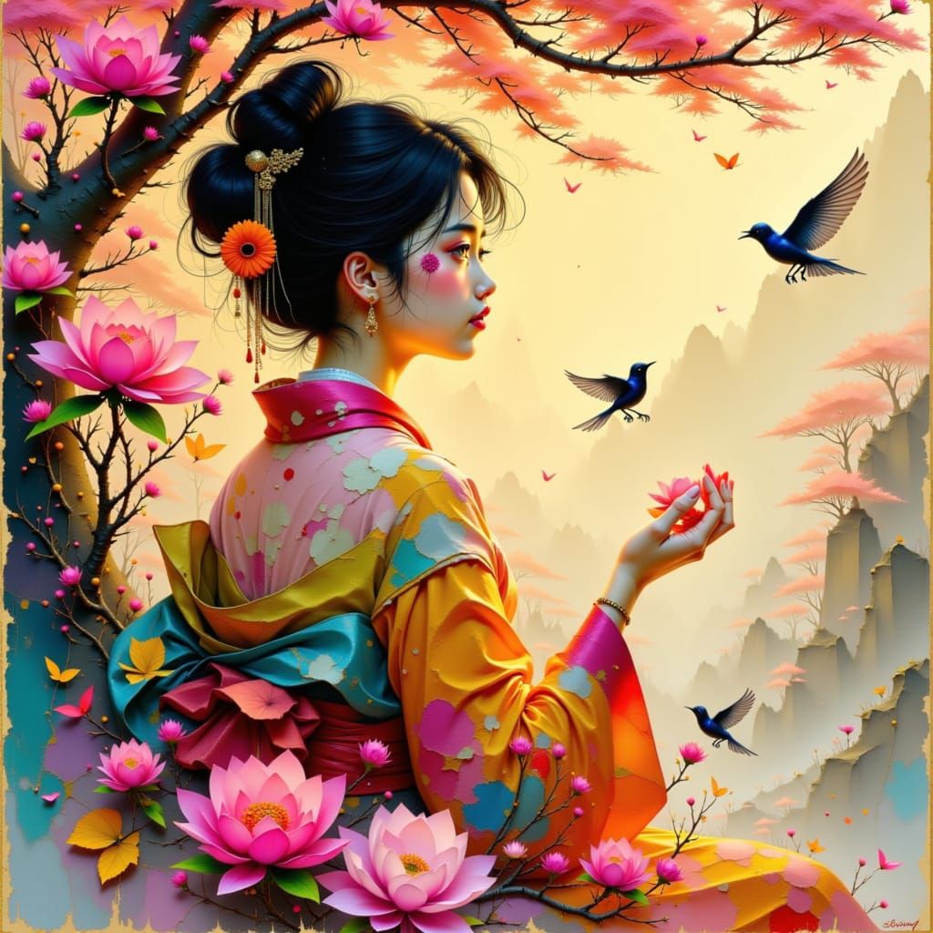 Woman in Kimono Surrounded by Cherry Blossoms in Inksplash S...