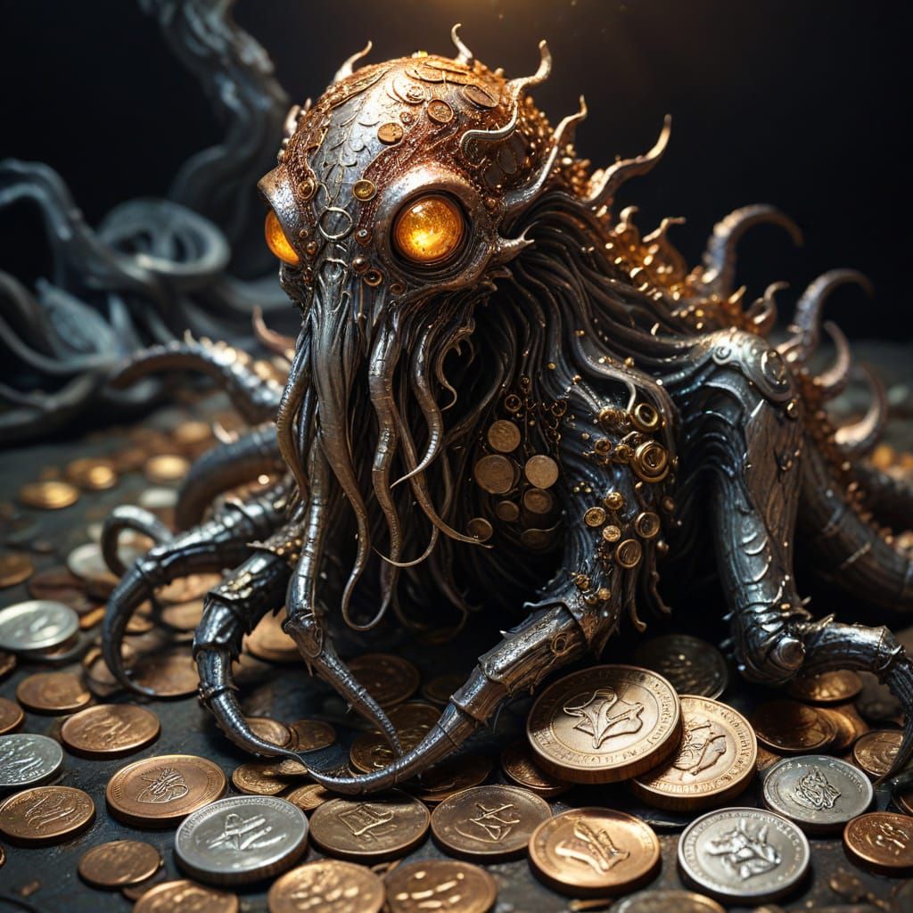 Eldritch Horror Made of Coins in Surrealist Oil Painting Sty...
