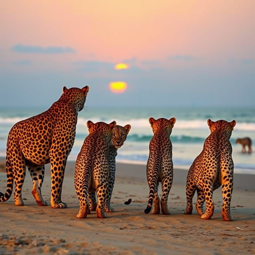 Colorful Leopards Watch the Sunset on the Beach