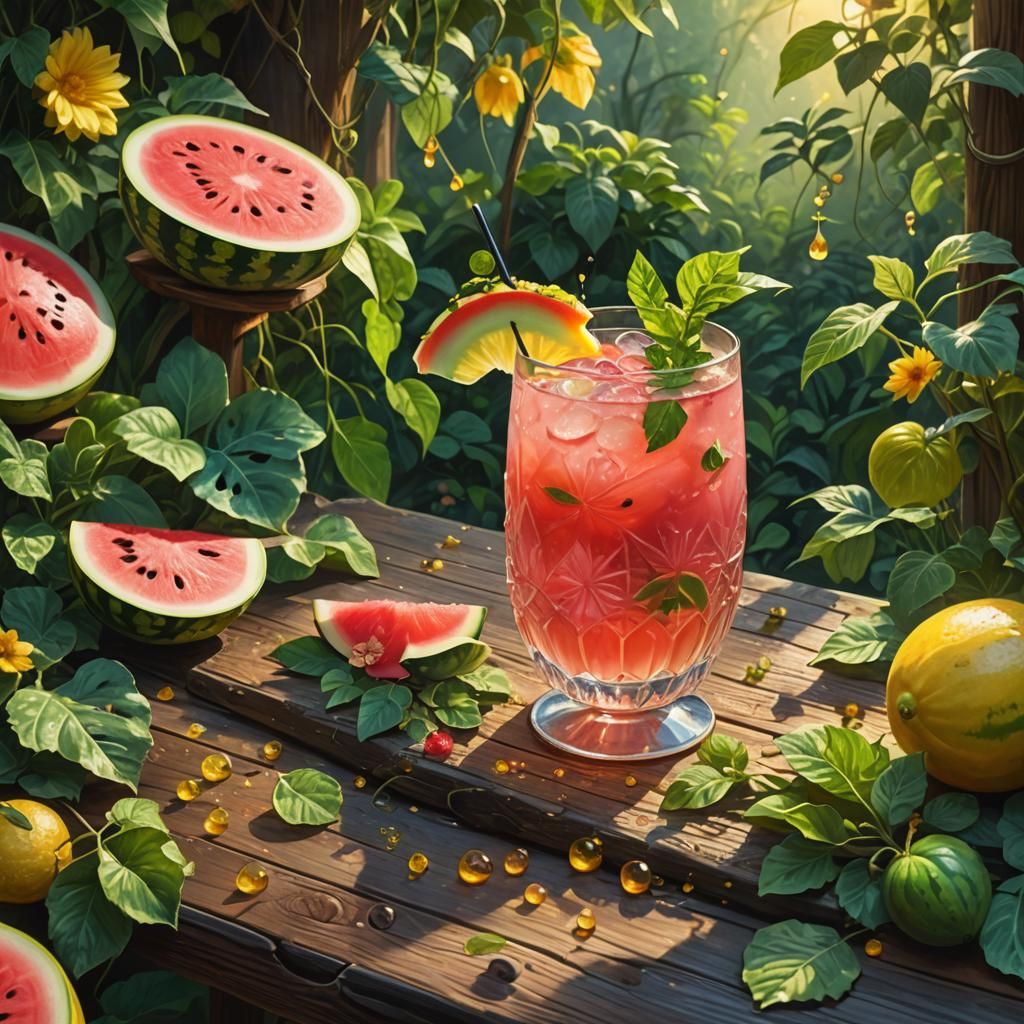 Mystical Watermelon Mocktail in Vibrant Oil Painting
