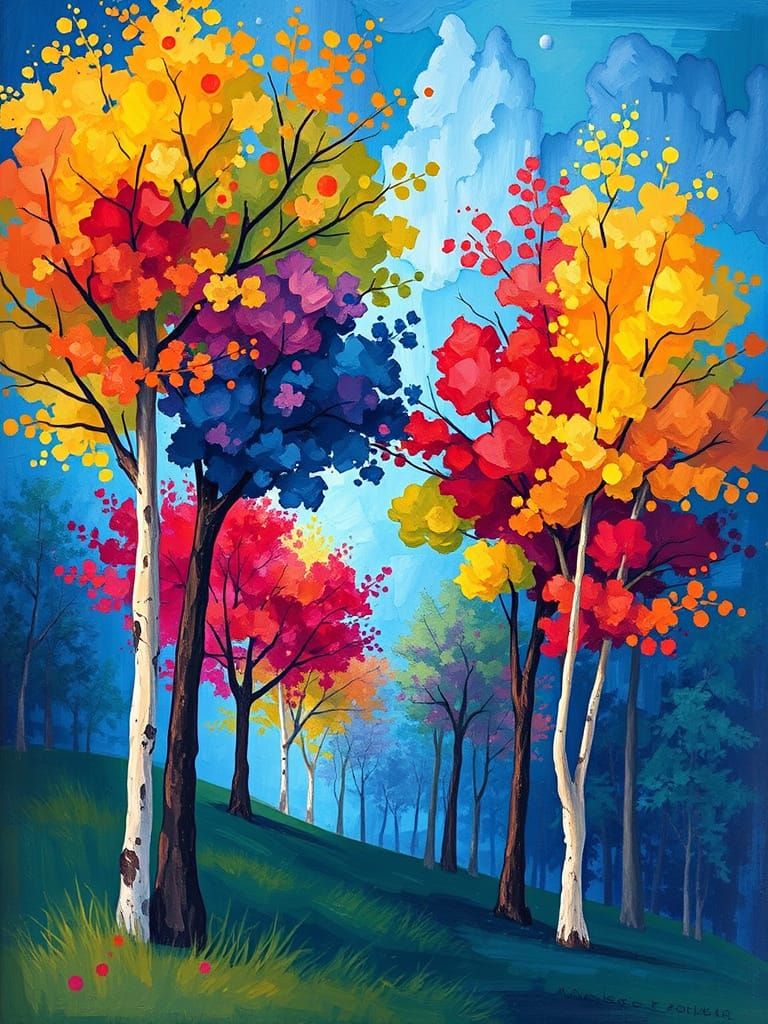 Vibrant Pointillist Trees in Full Bloom
