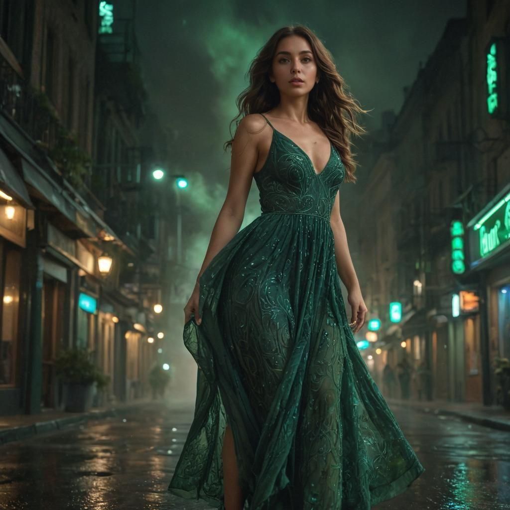 Beautiful Woman in Green Dress at Midnight