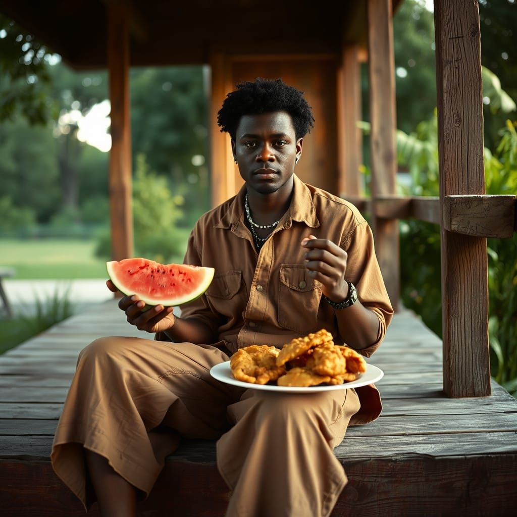 Summer Serenity: African Woman with Watermelon and Fried Chi...