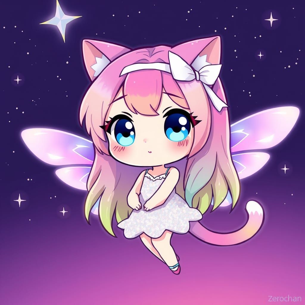 Mystical Kawaii Fairy Takes Flight Under Starry Night Sky