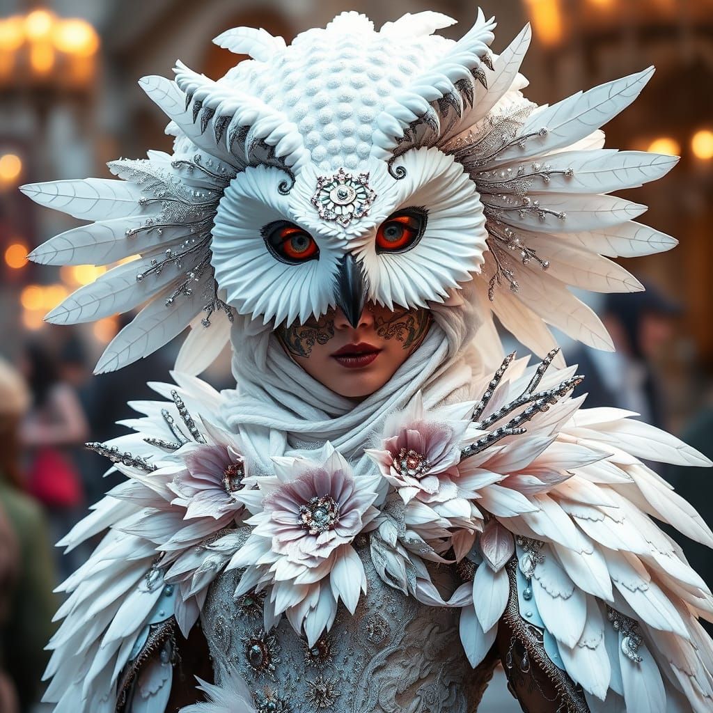 Ethereal Masquerade Ball Beauty in Snowy Owl Costume