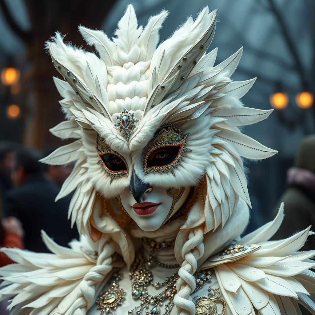 Woman in Enchanted Snowy Owl Masquerade Costume