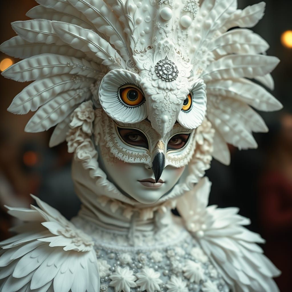 Woman in Enchanting Snowy Owl Costume at Masquerade Carnival