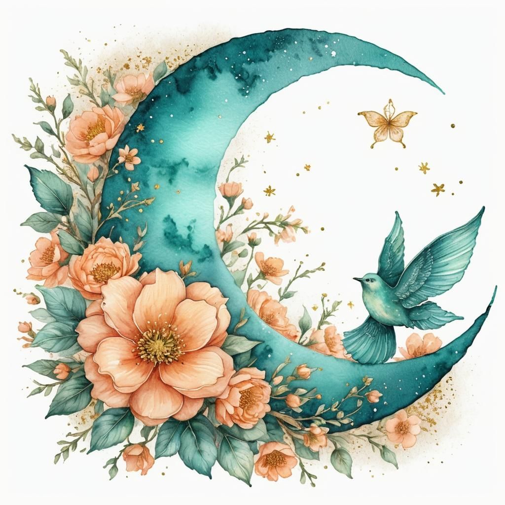 Teal Crescent Moon with Peach Flowers Watercolor
