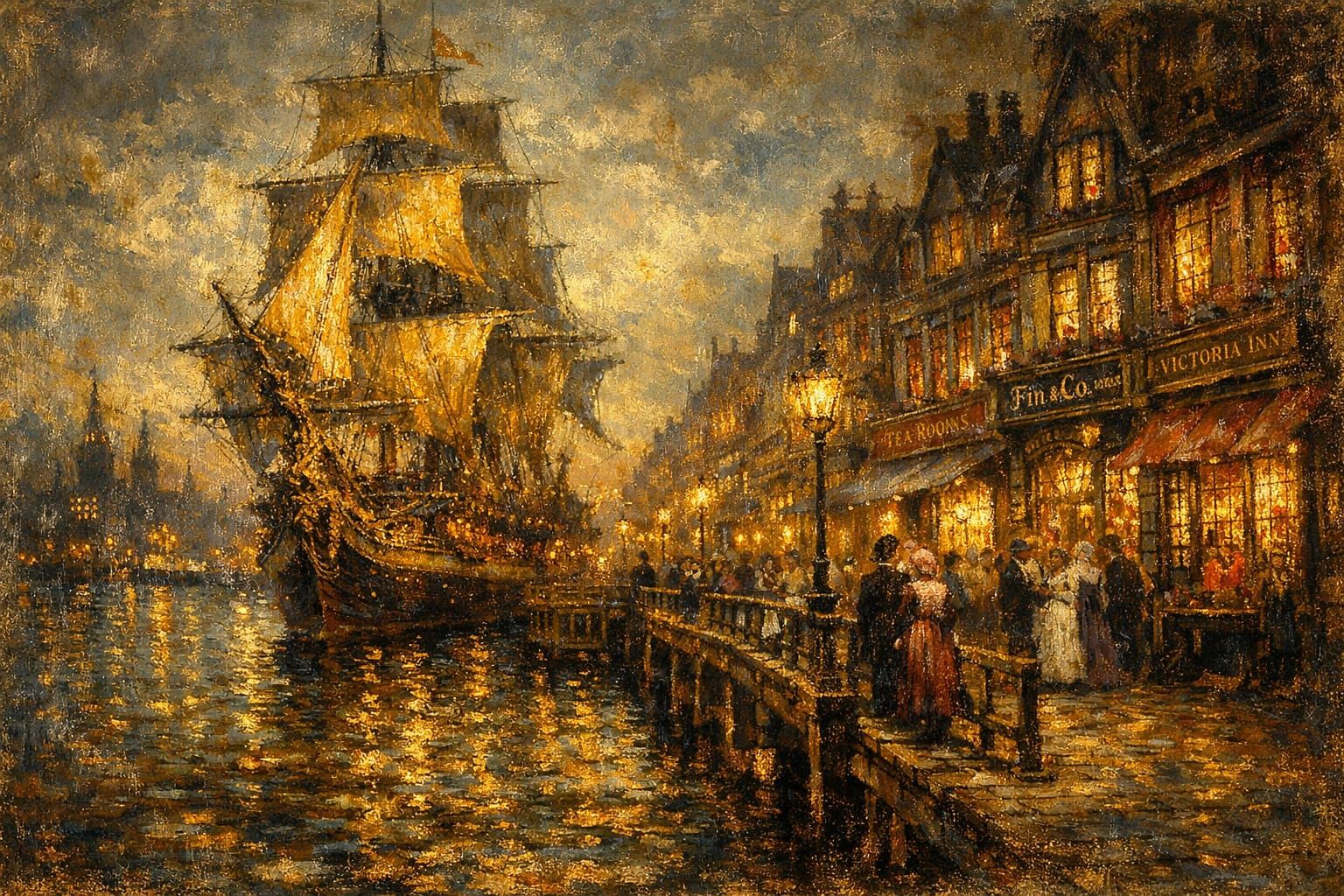 Victorian Port With Sailing Ship, Klimt Impressionism Style