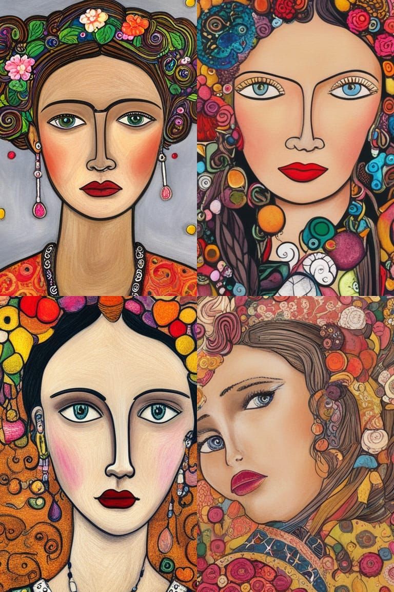 Freda Kahlo Portrait in Mixed Media Folk Art Style