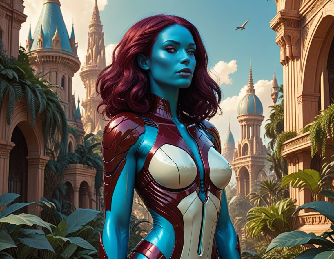 Ethereal Blue-Skinned Beauty in Vibrant Alien City