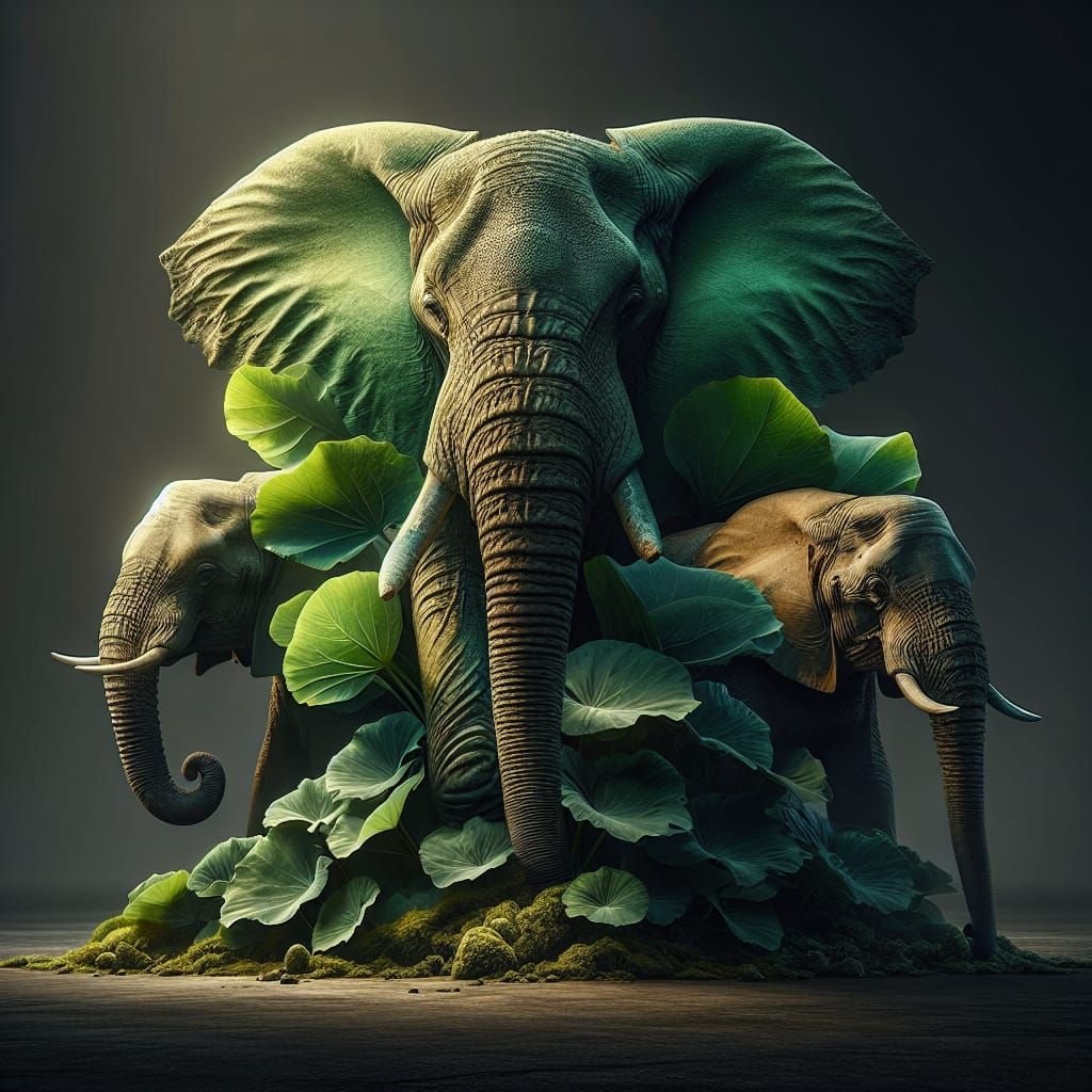 Majestic Elephant with Elephant Ear Plant in Hyperrealistic....
