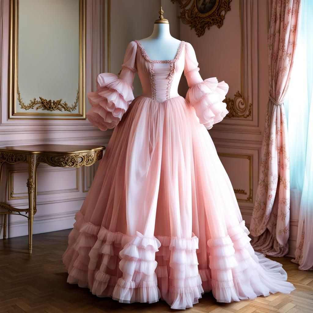 Rococo Dress Form Displaying Long Pink Gown