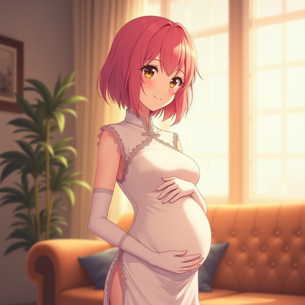 Serene Pregnant Anime Girl in Elegant White Cheongsam