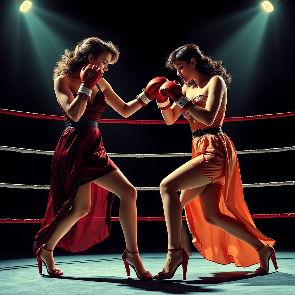 Elegant Women's Boxing Match in Noir Art Deco Style