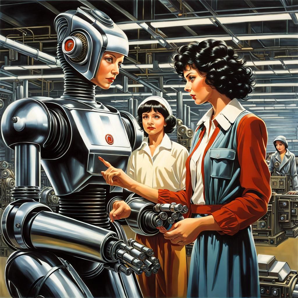 Robot Factory Scene with Woman and Girl
