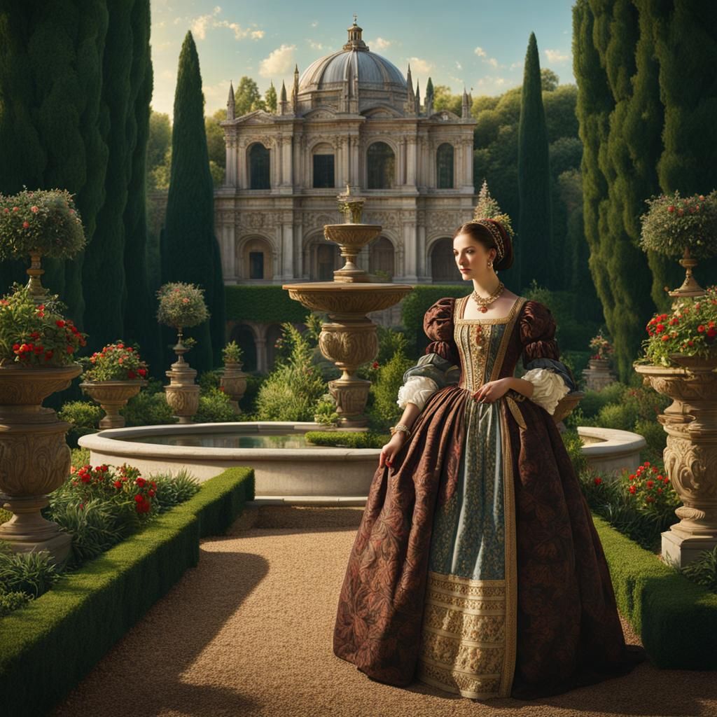 Renaissance Noblewoman in Elegant Italian Garden